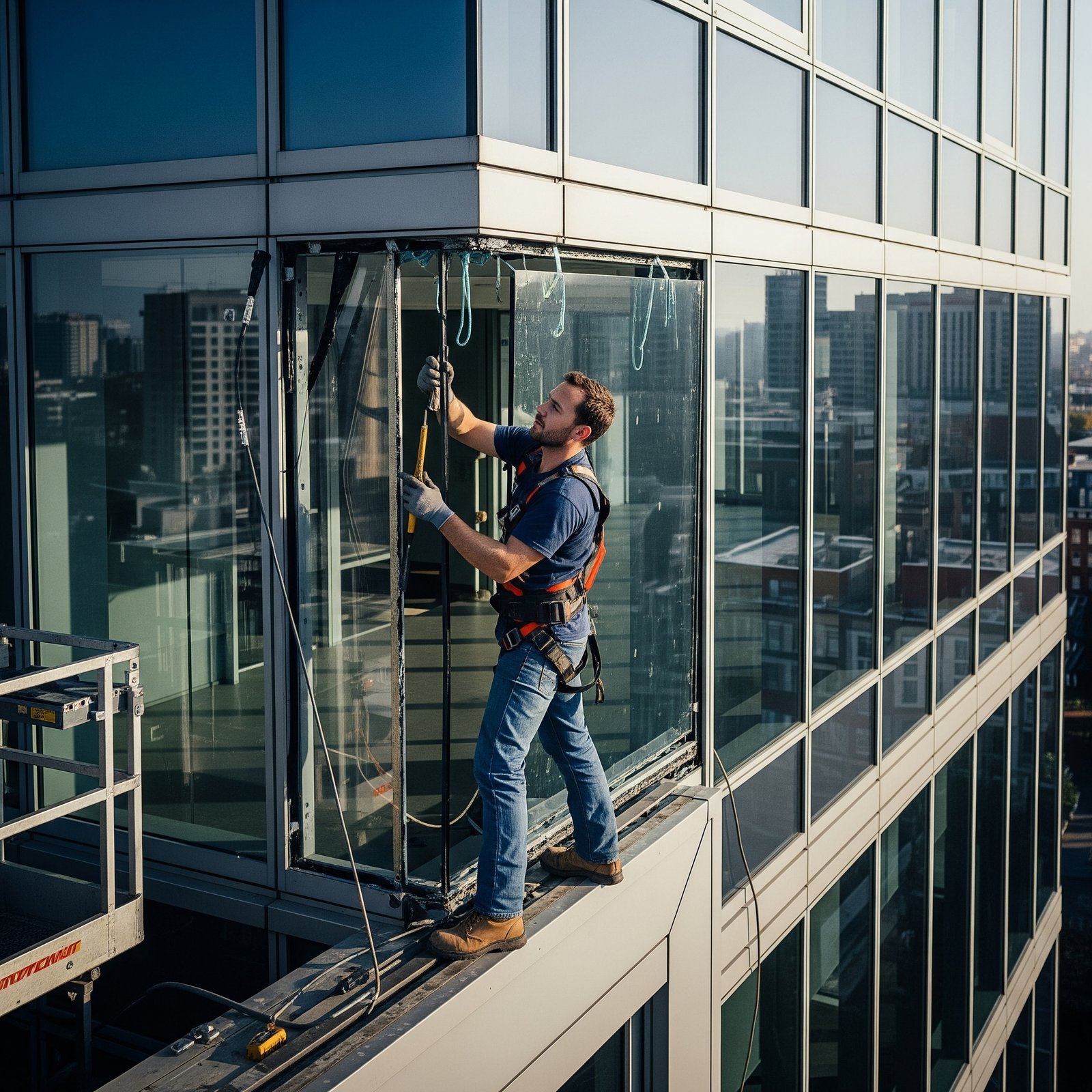 Man fixing window at a commercial building
